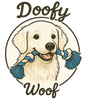 Illustration of a dog holding a blue rope with 'Doofy Woof' text on a white background